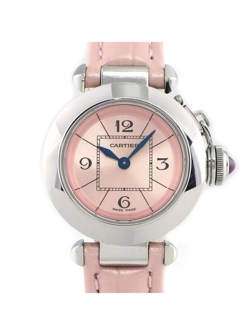 Cartier Watch Miss Pasha Sunray Pink Dial Leather Strap SS Quartz Analog